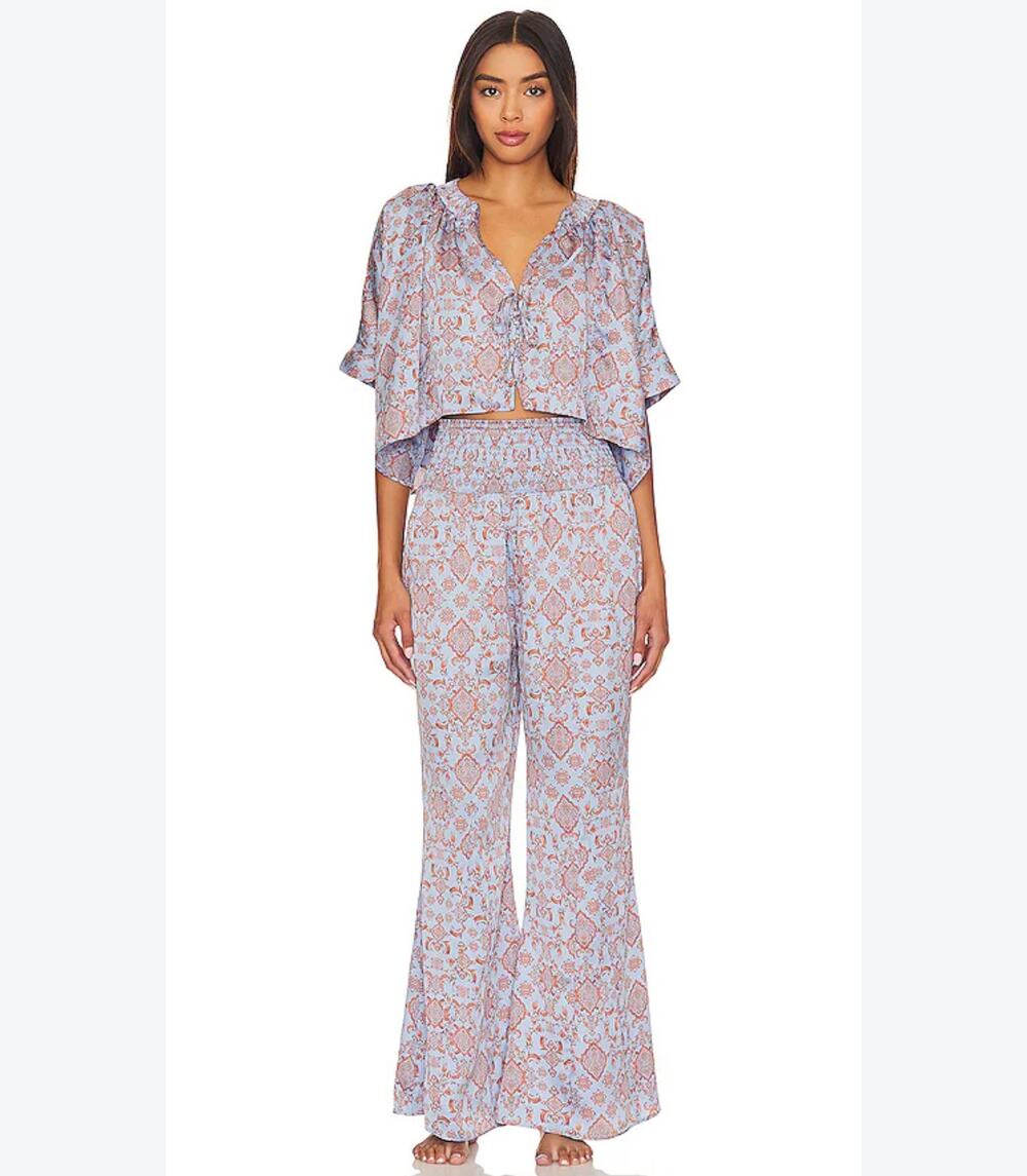 Free People Intimately FP Misty Mornings Sleep Satin pajama Set Small Blue Combo